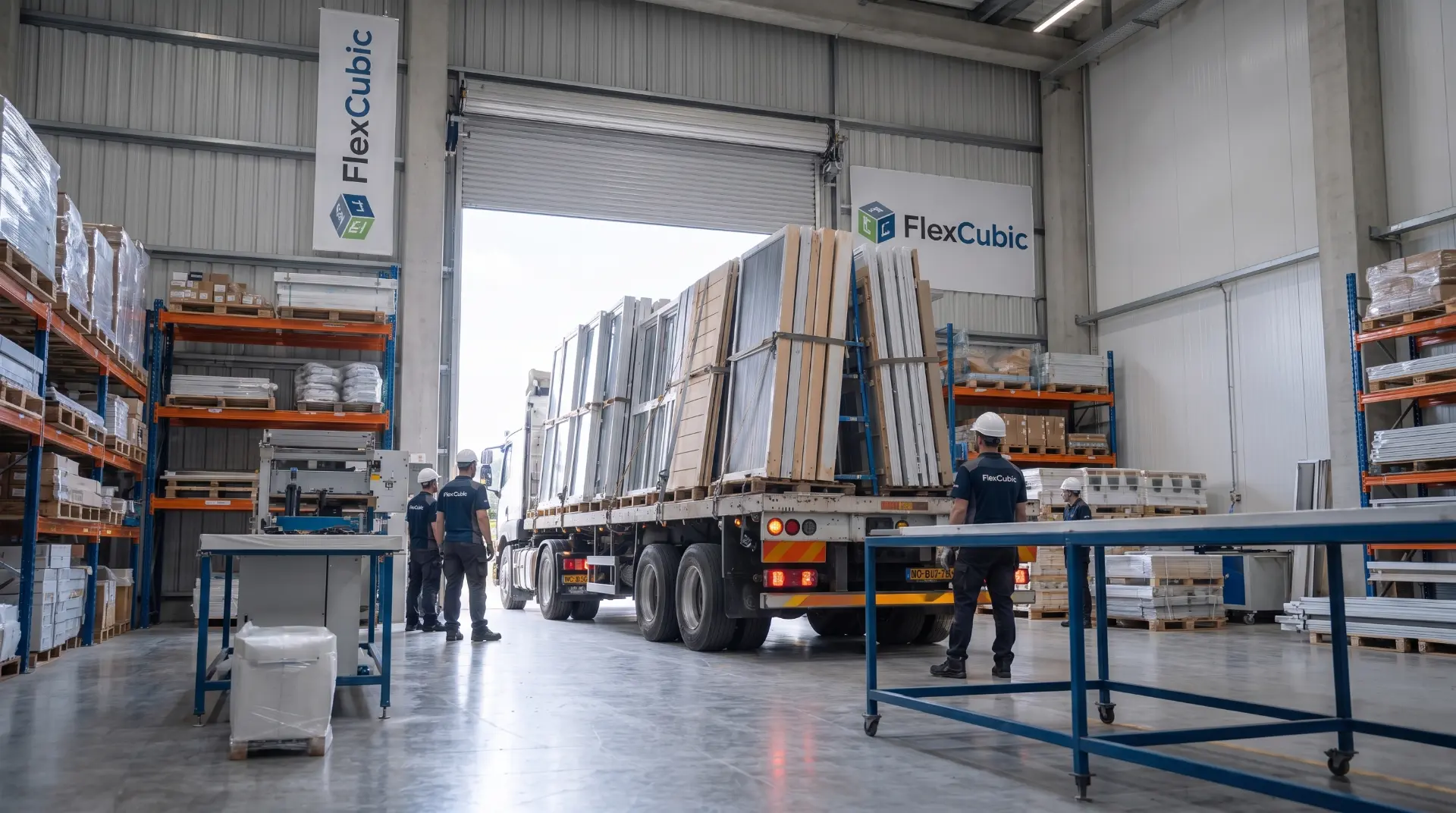 Caminhão posicionado em pátio industrial recebendo componentes acondicionados