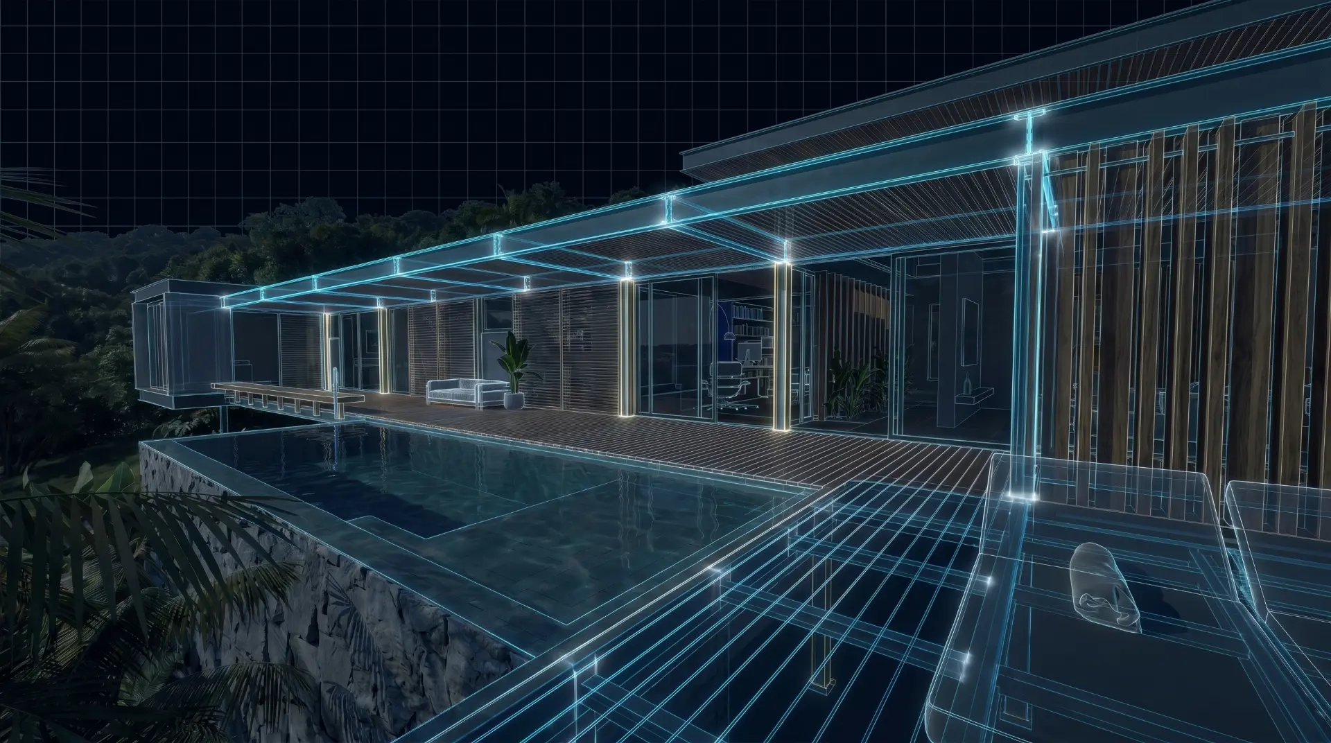 Modelo digital em wireframe de uma residência, com estrutura e fechamentos representados