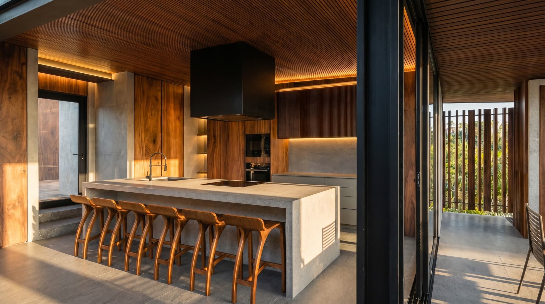 Reserva do Mediterrâneo — cozinha com ilha em pedra natural e madeira