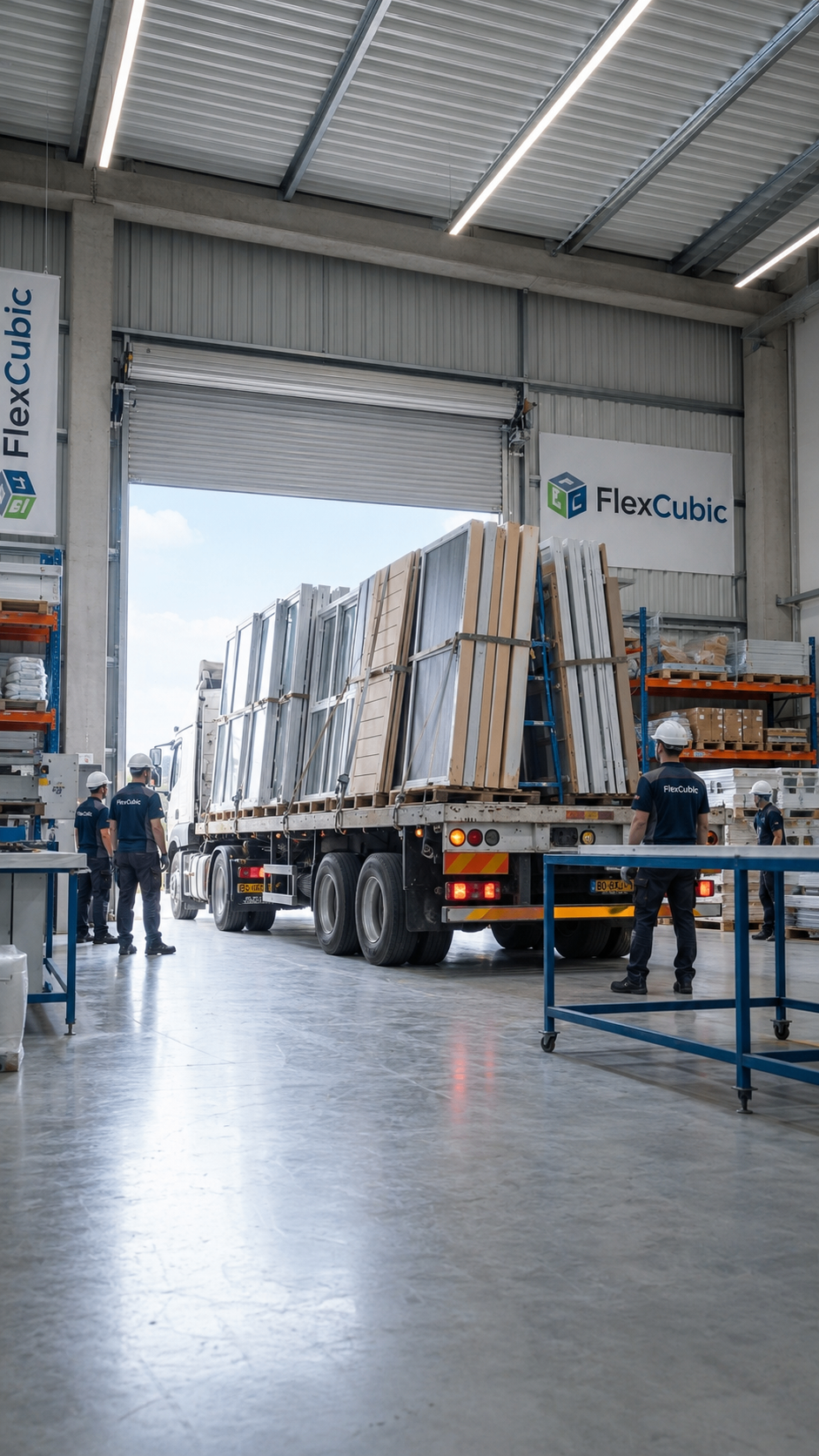 Caminhão carregado com componentes industrializados na unidade FlexCubic Polo 40