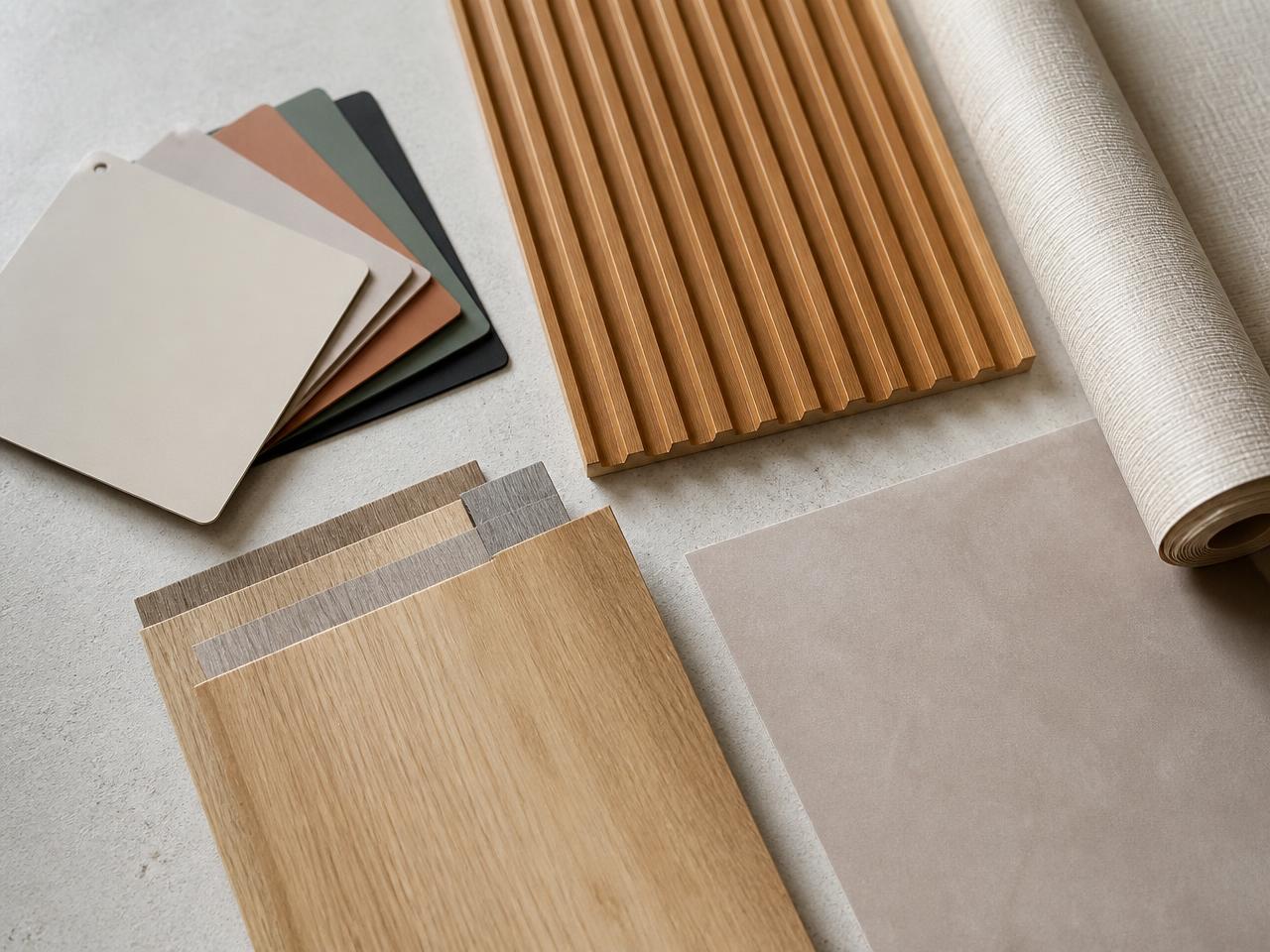Amostras de acabamentos: pintura, ripado, piso vinílico, papel de parede e adesivação