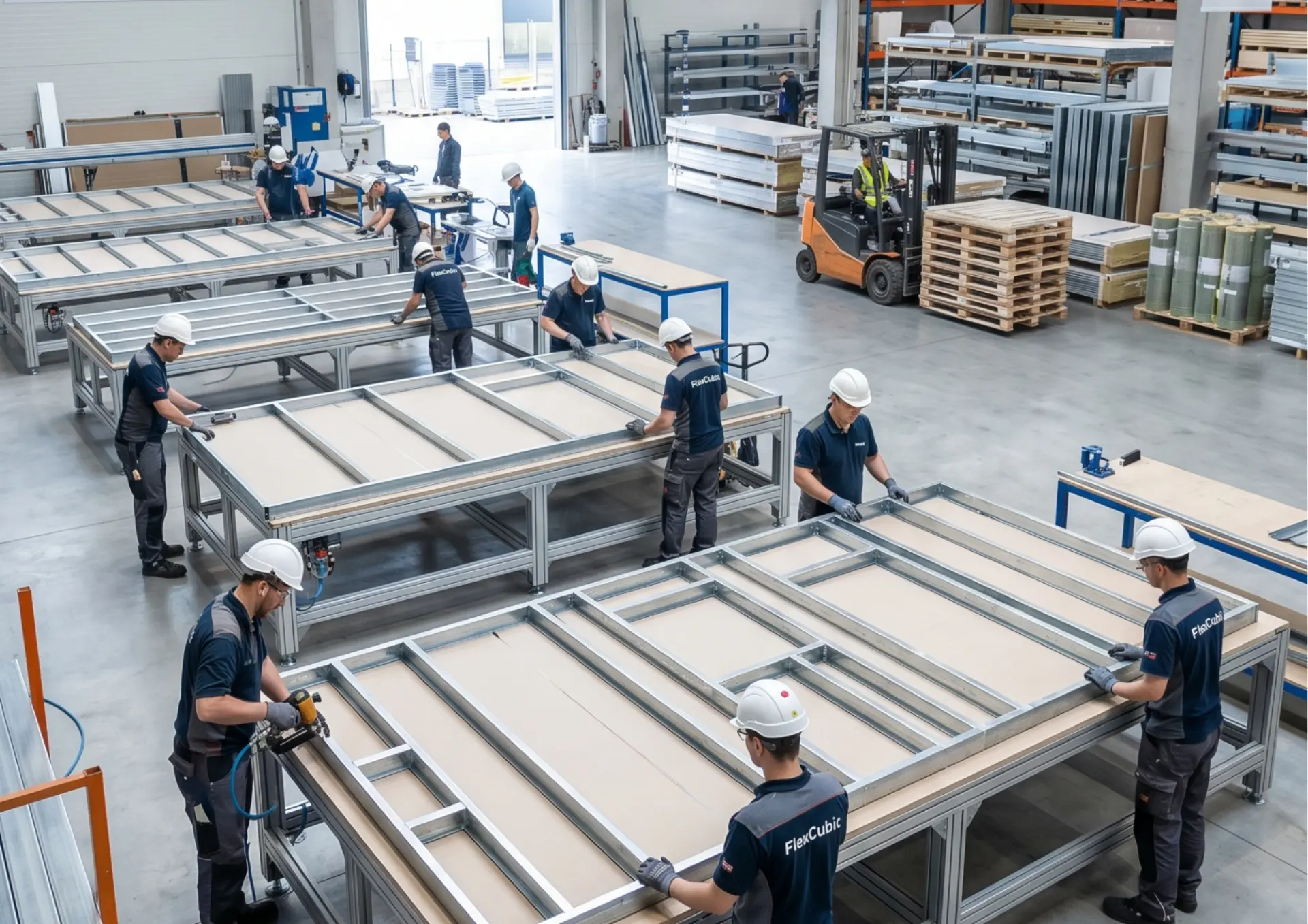 Equipe FlexCubic montando painéis em bancadas na unidade Polo 40
