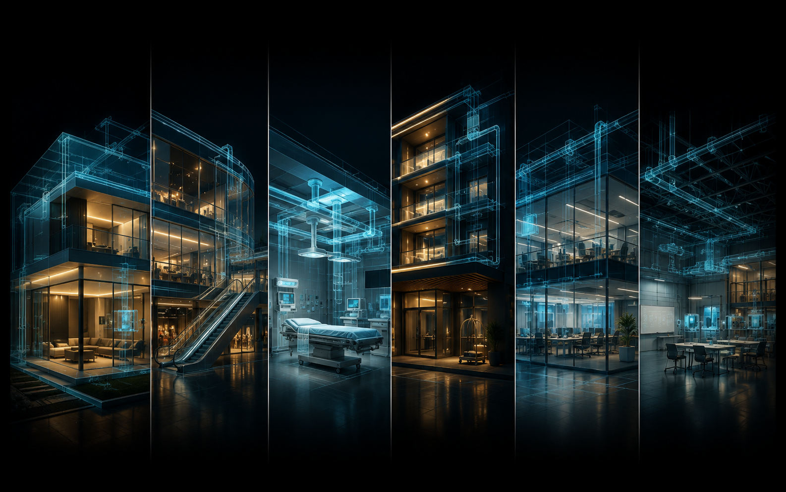 Visualização técnica dos segmentos atendidos pelo sistema construtivo industrializado FlexCubic: habitação, comércio, hotelaria, saúde e educação